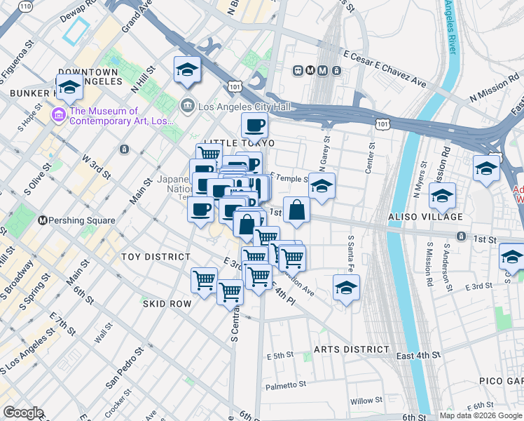 map of restaurants, bars, coffee shops, grocery stores, and more near S Alameda St & E 1st St in Los Angeles