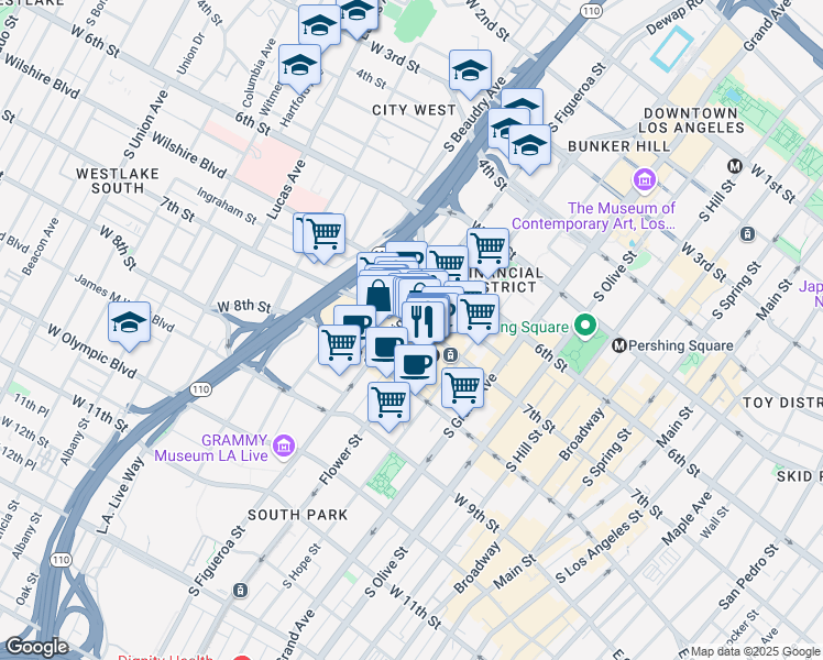 map of restaurants, bars, coffee shops, grocery stores, and more near 818 West 7th Street in Los Angeles