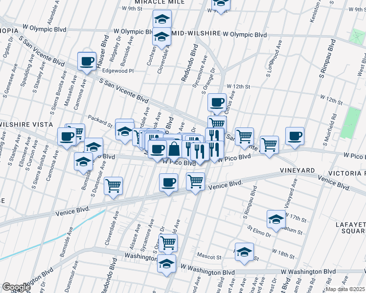 map of restaurants, bars, coffee shops, grocery stores, and more near 1373 South Orange Drive in Los Angeles