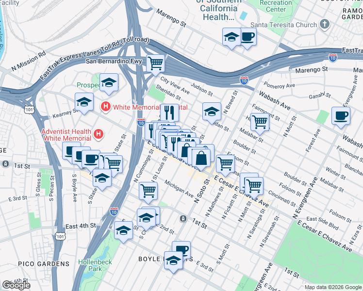 map of restaurants, bars, coffee shops, grocery stores, and more near 327 North Chicago Street in Los Angeles