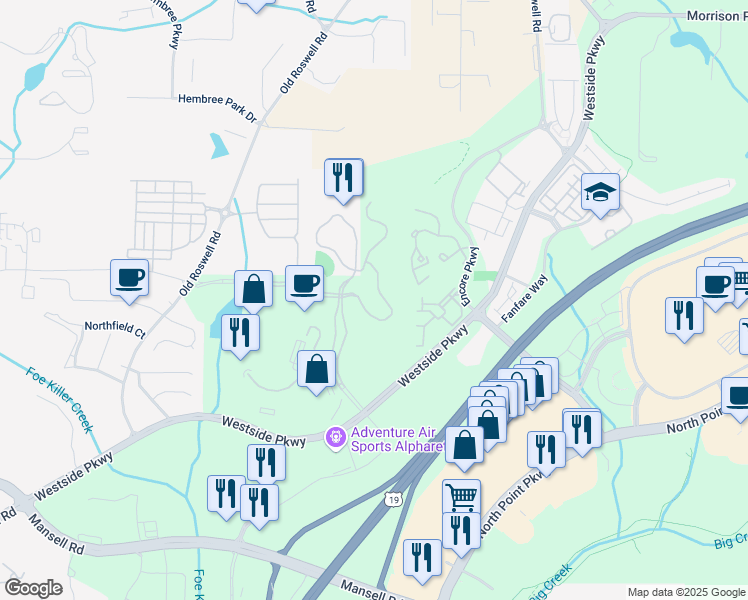map of restaurants, bars, coffee shops, grocery stores, and more near 1150 Sanctuary Parkway in Alpharetta