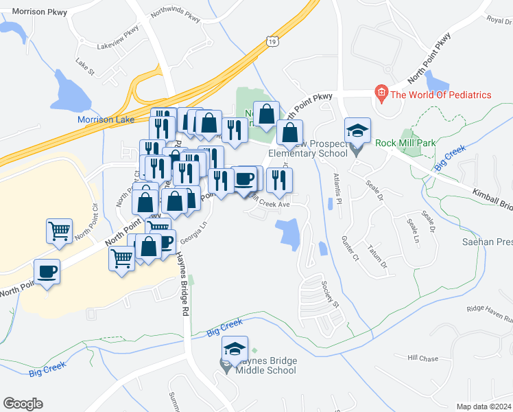 map of restaurants, bars, coffee shops, grocery stores, and more near Wander Trail in Alpharetta