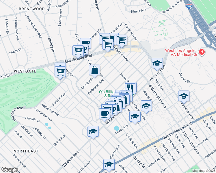 map of restaurants, bars, coffee shops, grocery stores, and more near 11919 Mayfield Avenue in Los Angeles
