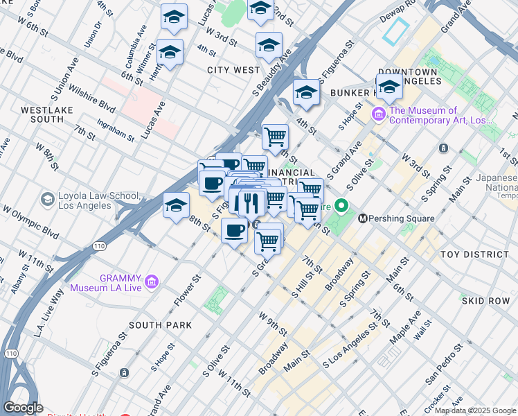 map of restaurants, bars, coffee shops, grocery stores, and more near 770 Wilshire Boulevard in Los Angeles