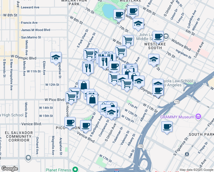 map of restaurants, bars, coffee shops, grocery stores, and more near 1111 South Burlington Avenue in Los Angeles