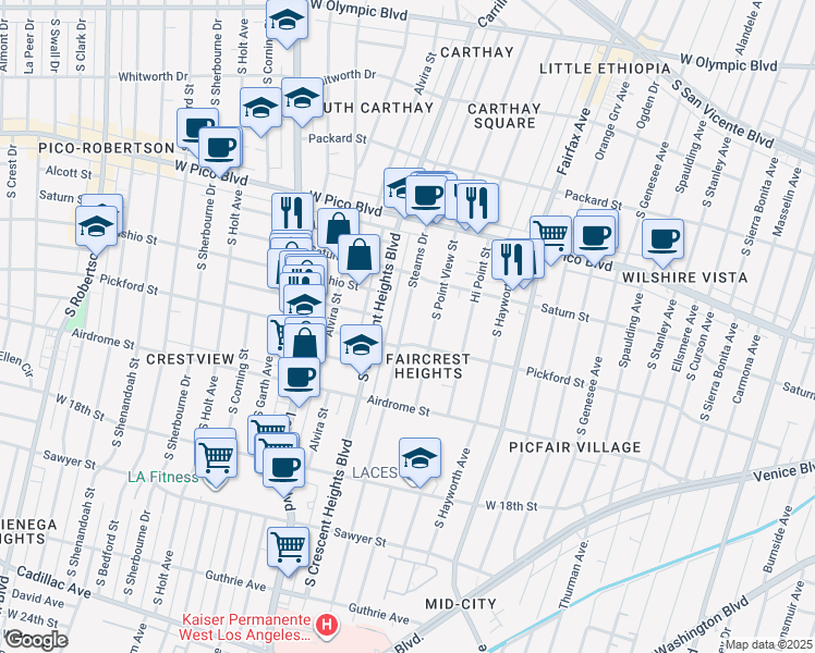 map of restaurants, bars, coffee shops, grocery stores, and more near 6001 Pickford Street in Los Angeles