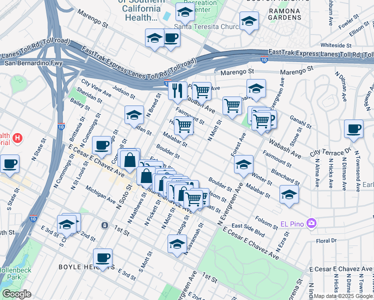 map of restaurants, bars, coffee shops, grocery stores, and more near 2533 Boulder Street in Los Angeles