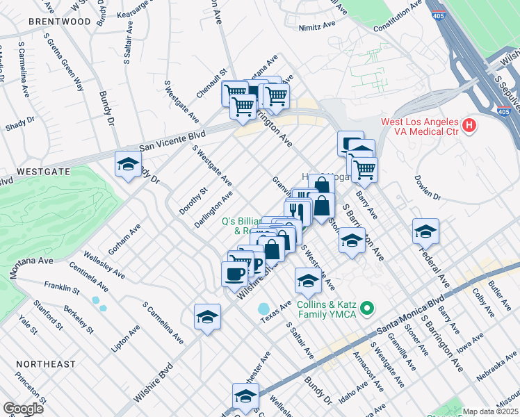 map of restaurants, bars, coffee shops, grocery stores, and more near 1000 South Westgate Avenue in Los Angeles