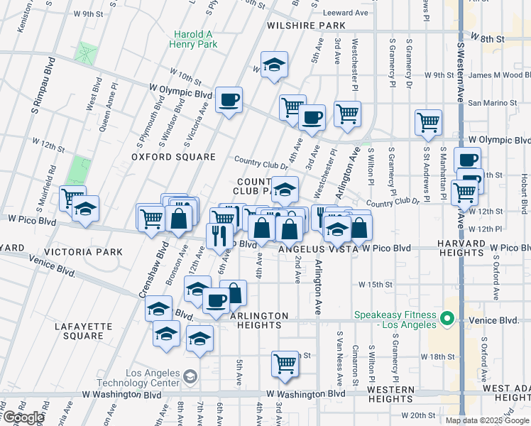 map of restaurants, bars, coffee shops, grocery stores, and more near 21101/2 4th Avenue in Los Angeles