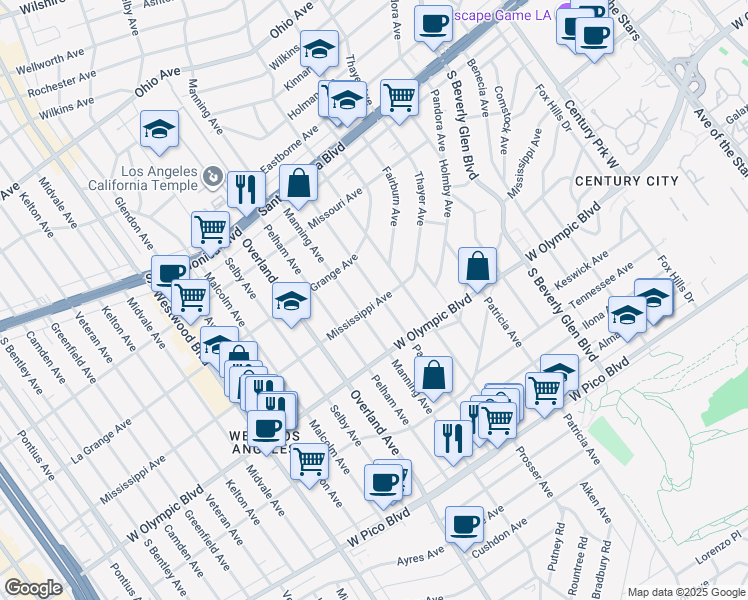 map of restaurants, bars, coffee shops, grocery stores, and more near 2055 Parnell Avenue in Los Angeles