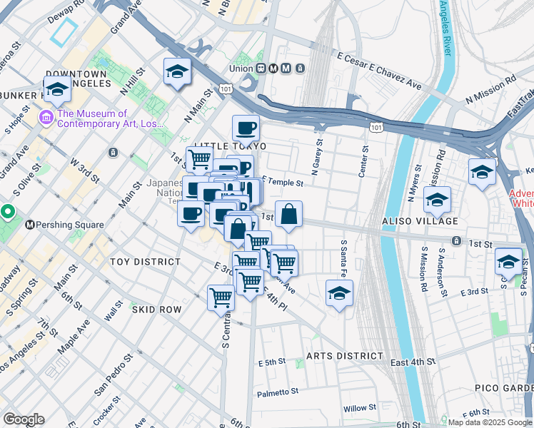 map of restaurants, bars, coffee shops, grocery stores, and more near 703 East 1st Street in Los Angeles