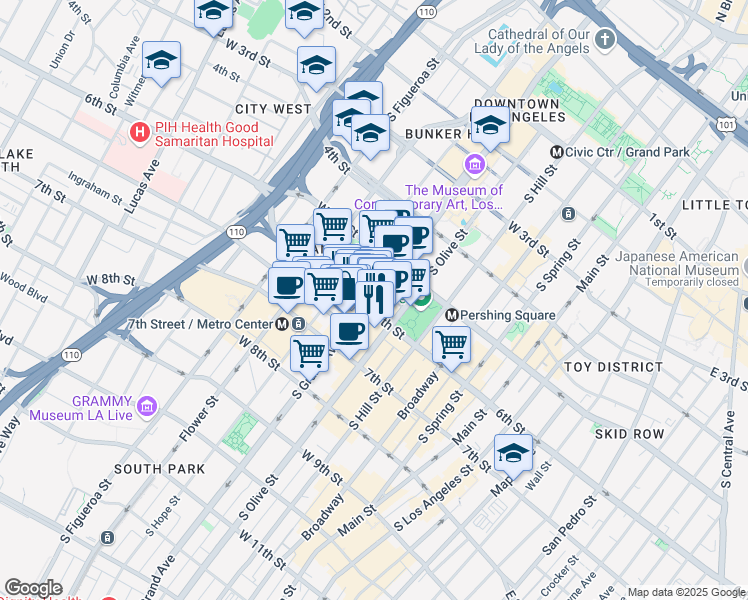 map of restaurants, bars, coffee shops, grocery stores, and more near 523 West 6th Street in Los Angeles