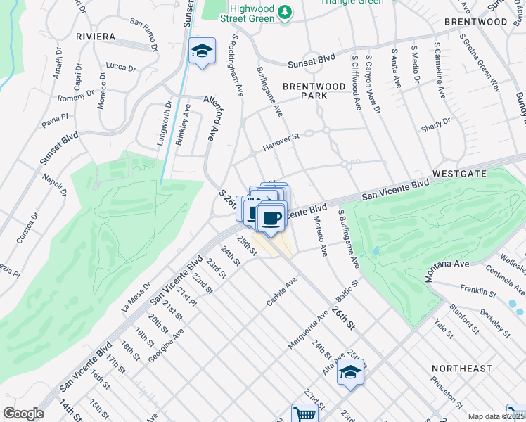 map of restaurants, bars, coffee shops, grocery stores, and more near 13037 San Vicente Boulevard in Los Angeles