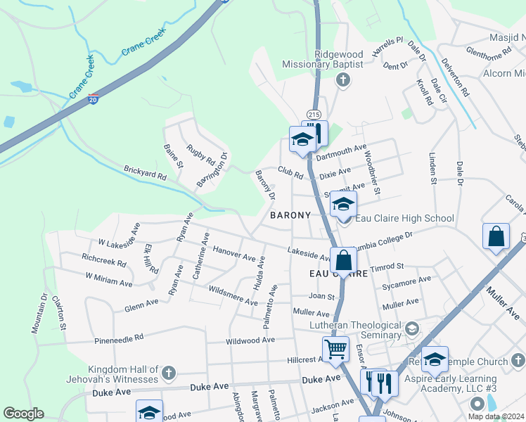 map of restaurants, bars, coffee shops, grocery stores, and more near 4815 Barony Drive in Columbia