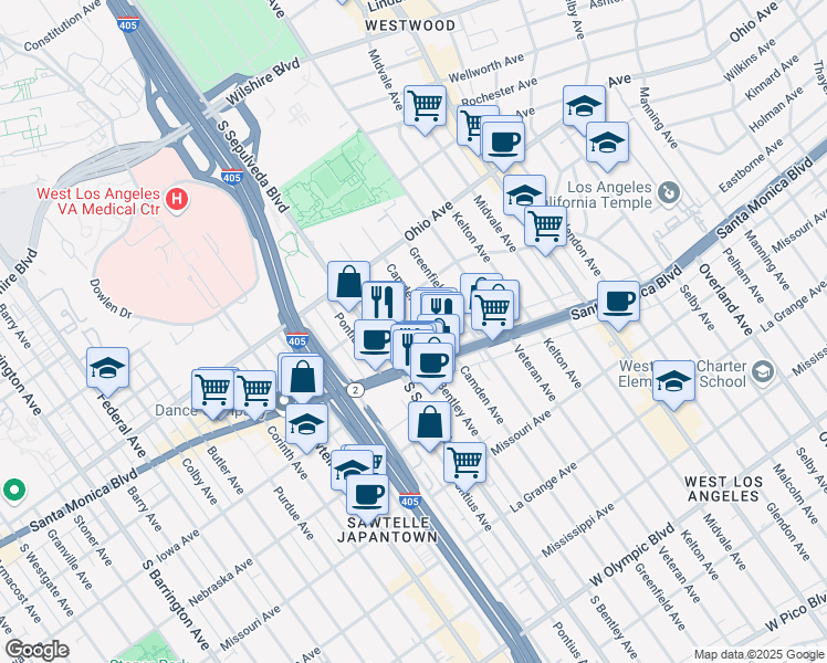 map of restaurants, bars, coffee shops, grocery stores, and more near 1630 South Bentley Avenue in Los Angeles