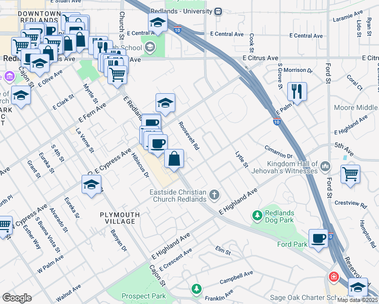 map of restaurants, bars, coffee shops, grocery stores, and more near 667 East Palm Avenue in Redlands