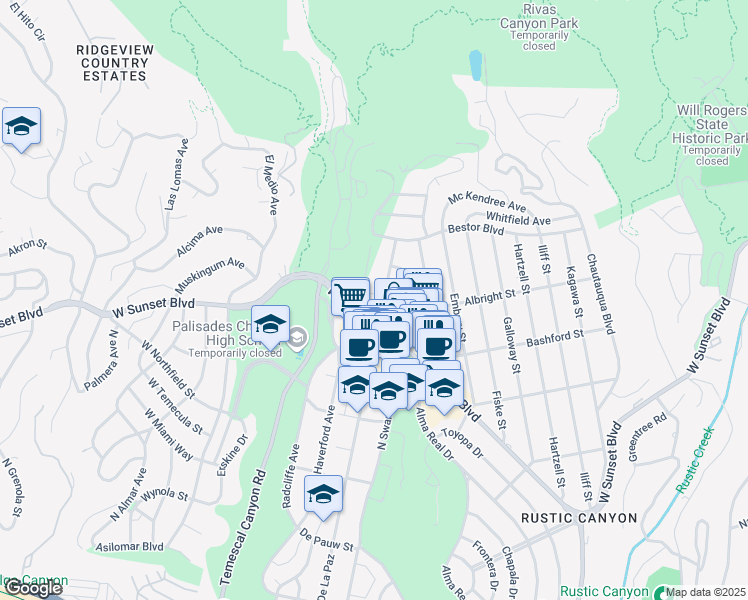 map of restaurants, bars, coffee shops, grocery stores, and more near 15410 Albright Street in Los Angeles
