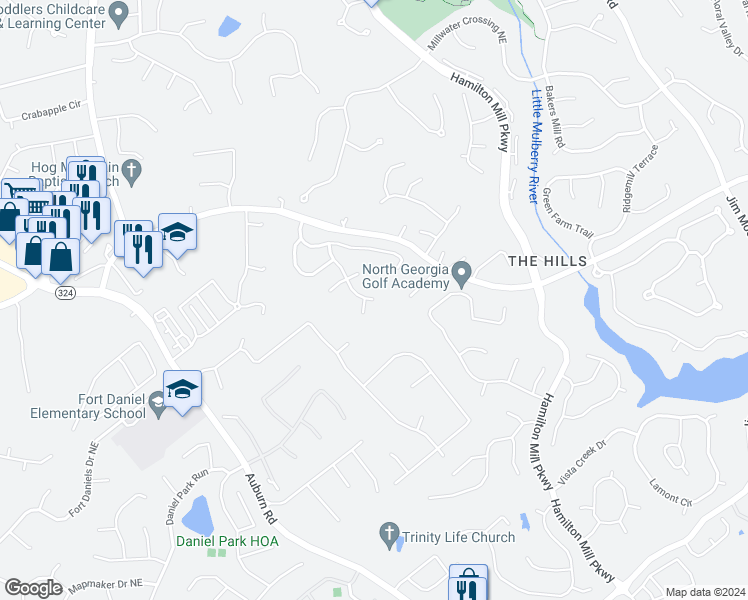 map of restaurants, bars, coffee shops, grocery stores, and more near Trinity Grove Drive in Dacula