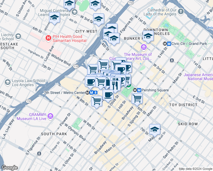 map of restaurants, bars, coffee shops, grocery stores, and more near 611 Wilshire Boulevard in Los Angeles