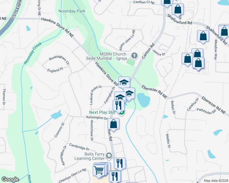 map of restaurants, bars, coffee shops, grocery stores, and more near 3974 Fairington Drive in Marietta