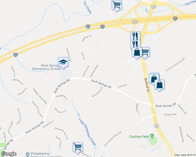 map of restaurants, bars, coffee shops, grocery stores, and more near 2945 Montague Place Drive in Lawrenceville