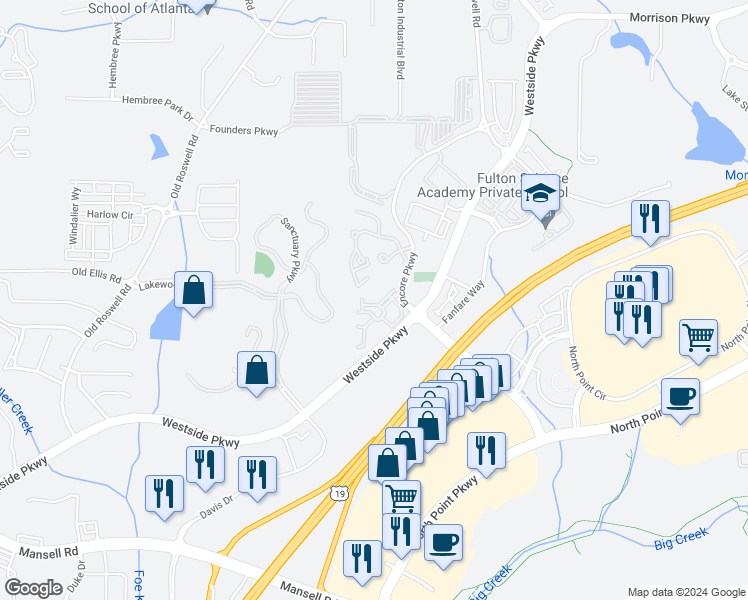 map of restaurants, bars, coffee shops, grocery stores, and more near 400 Altissimo Drive in Alpharetta