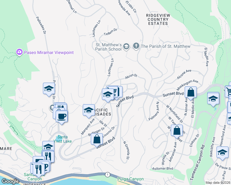 map of restaurants, bars, coffee shops, grocery stores, and more near 16620 Linda Terrace in Los Angeles