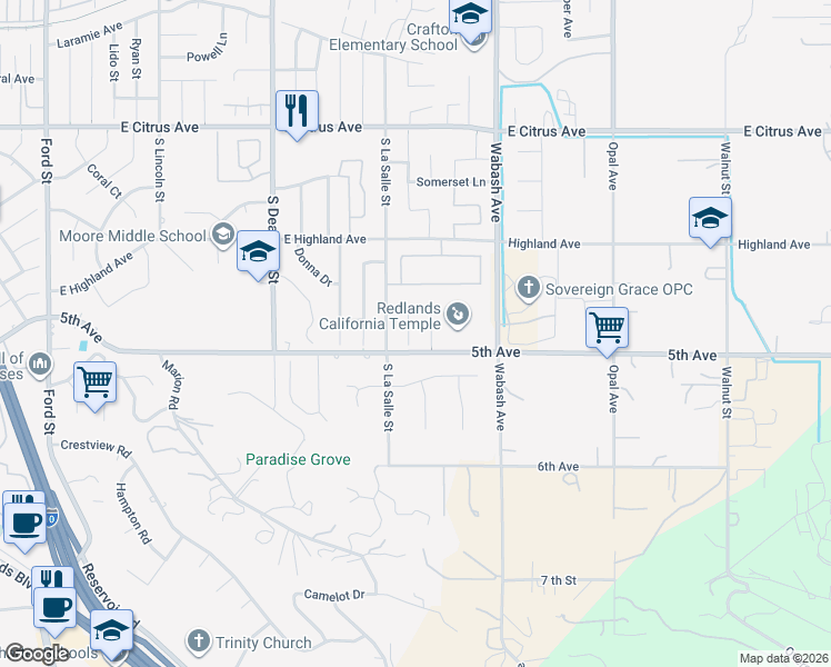 map of restaurants, bars, coffee shops, grocery stores, and more near 327 Brian Court in Redlands