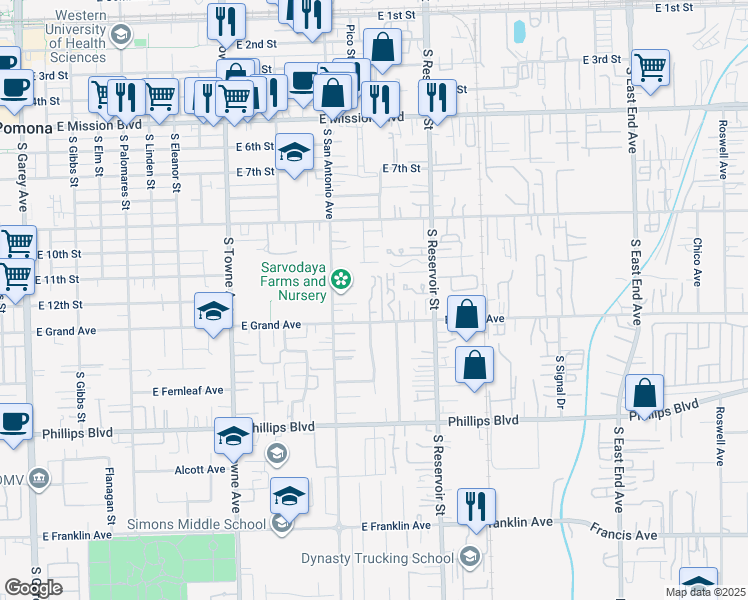 map of restaurants, bars, coffee shops, grocery stores, and more near 1081 East Grand Avenue in Pomona