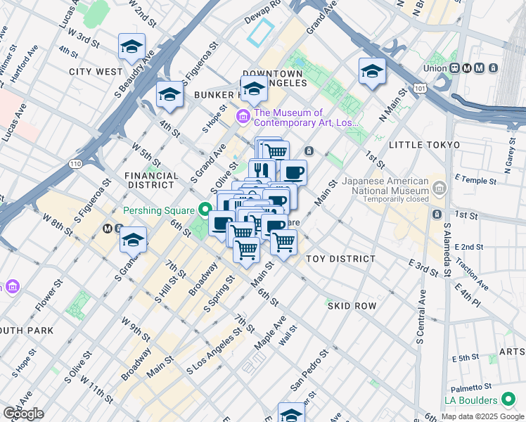 map of restaurants, bars, coffee shops, grocery stores, and more near 433 South Spring Street in Los Angeles
