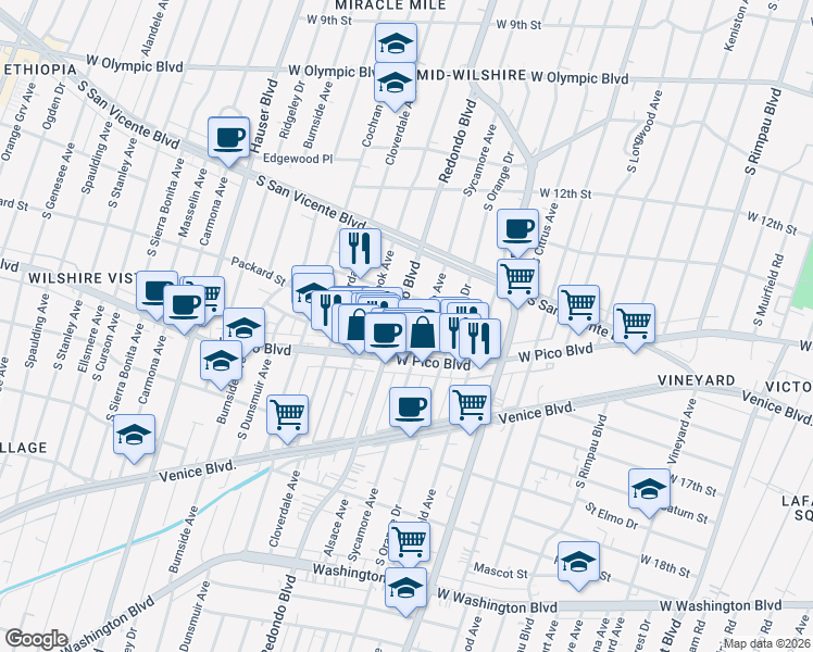 map of restaurants, bars, coffee shops, grocery stores, and more near 1354 South Redondo Boulevard in Los Angeles
