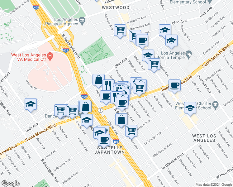 map of restaurants, bars, coffee shops, grocery stores, and more near 1630 South Bentley Avenue in Los Angeles