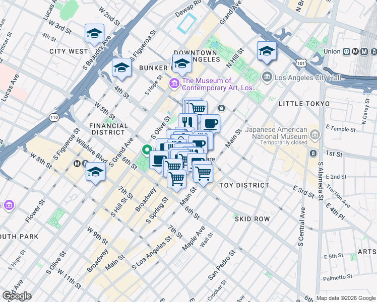 map of restaurants, bars, coffee shops, grocery stores, and more near 400 South Broadway in Los Angeles