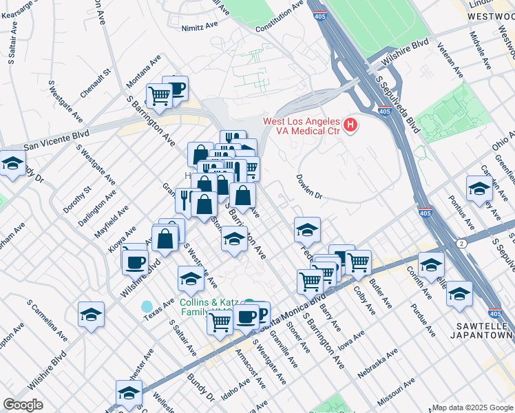 map of restaurants, bars, coffee shops, grocery stores, and more near 1248 Barry Avenue in Los Angeles