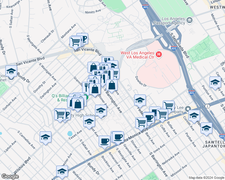 map of restaurants, bars, coffee shops, grocery stores, and more near 1233 Barry Avenue in Los Angeles