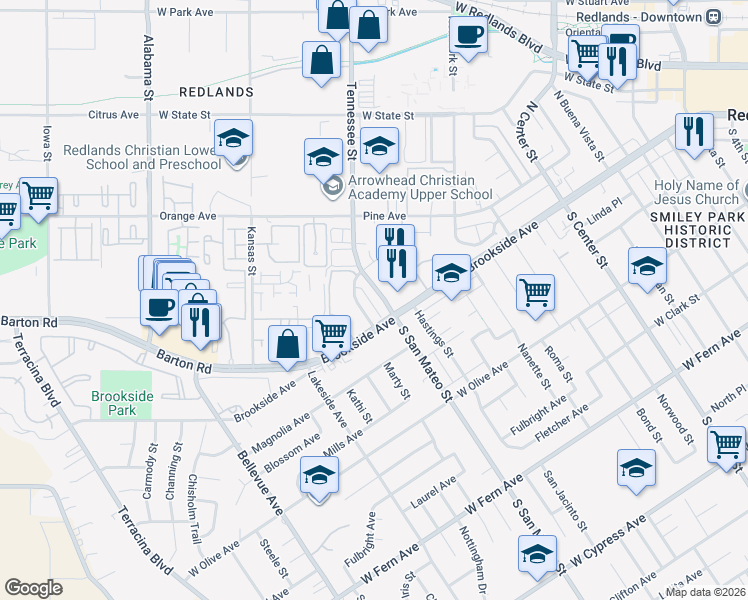 map of restaurants, bars, coffee shops, grocery stores, and more near 8 Tennessee Street in Redlands