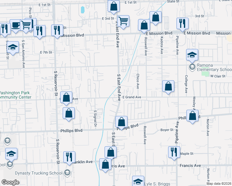 map of restaurants, bars, coffee shops, grocery stores, and more near 1549 East Grand Avenue in Pomona