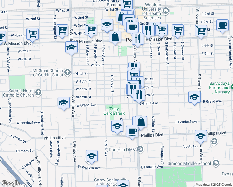 map of restaurants, bars, coffee shops, grocery stores, and more near 372 West 12th Street in Pomona