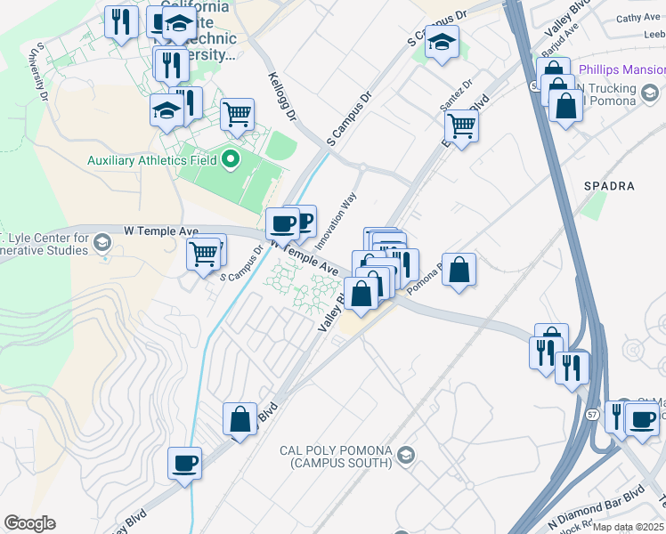 map of restaurants, bars, coffee shops, grocery stores, and more near 248 Poly Vista in Pomona