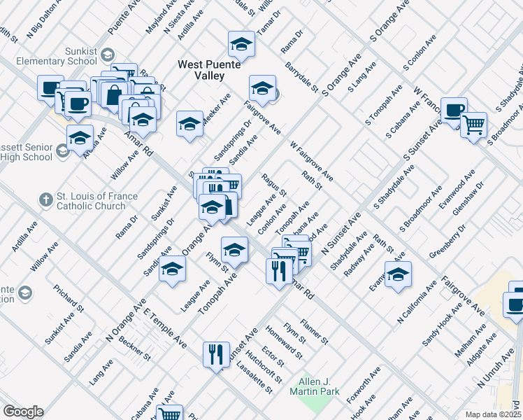 map of restaurants, bars, coffee shops, grocery stores, and more near 921 League Avenue in La Puente