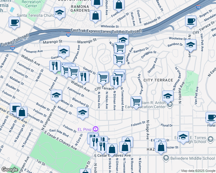 map of restaurants, bars, coffee shops, grocery stores, and more near 3248 City Terrace Drive in Los Angeles