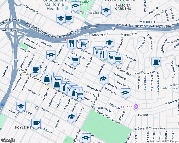 map of restaurants, bars, coffee shops, grocery stores, and more near 2707 Malabar Street in Los Angeles