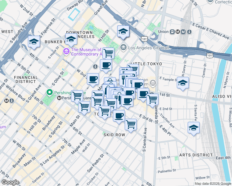 map of restaurants, bars, coffee shops, grocery stores, and more near 231 East 3rd Street in Los Angeles