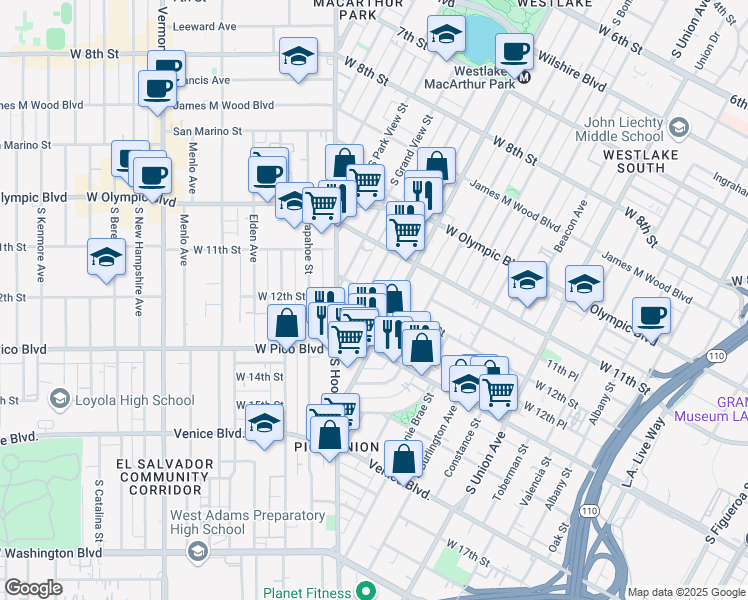 map of restaurants, bars, coffee shops, grocery stores, and more near 1217 South Alvarado Street in Los Angeles