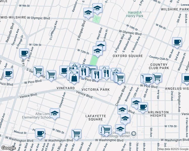 map of restaurants, bars, coffee shops, grocery stores, and more near 4455 West Pico Boulevard in Los Angeles