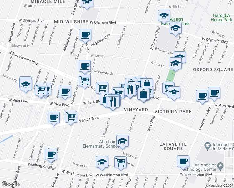 map of restaurants, bars, coffee shops, grocery stores, and more near in Los Angeles