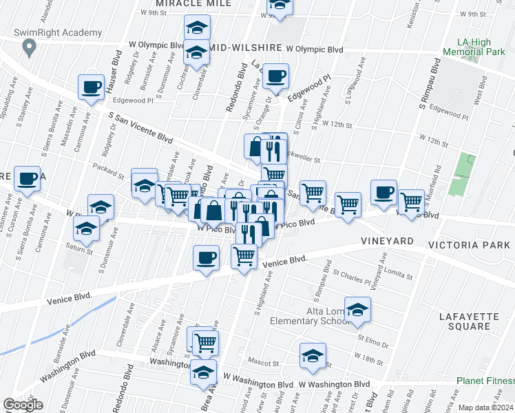 map of restaurants, bars, coffee shops, grocery stores, and more near 1372 South Mansfield Avenue in Los Angeles