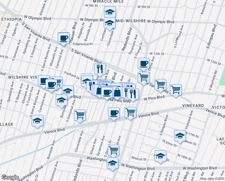 map of restaurants, bars, coffee shops, grocery stores, and more near 1354 South Redondo Boulevard in Los Angeles