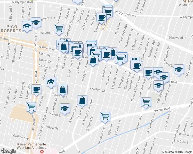 map of restaurants, bars, coffee shops, grocery stores, and more near 1537 South Orange Grove Avenue in Los Angeles