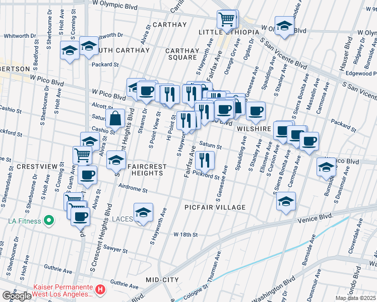 map of restaurants, bars, coffee shops, grocery stores, and more near 1546 South Hayworth Avenue in Los Angeles